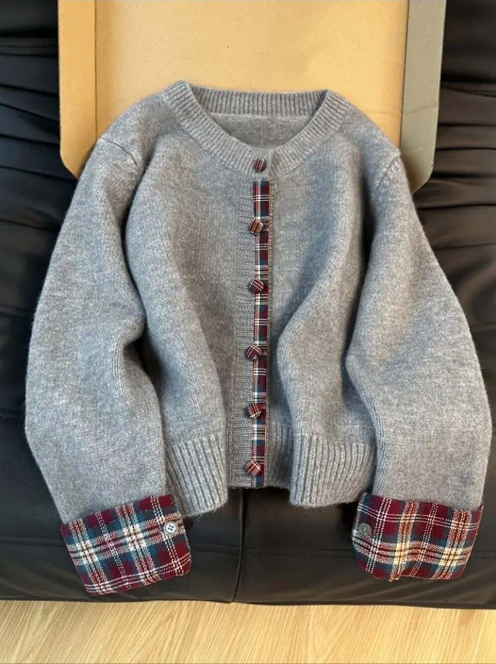 Autumn Winter New Retro Plaid Patchwork Faux Two-Piece Solid Color Cardigan